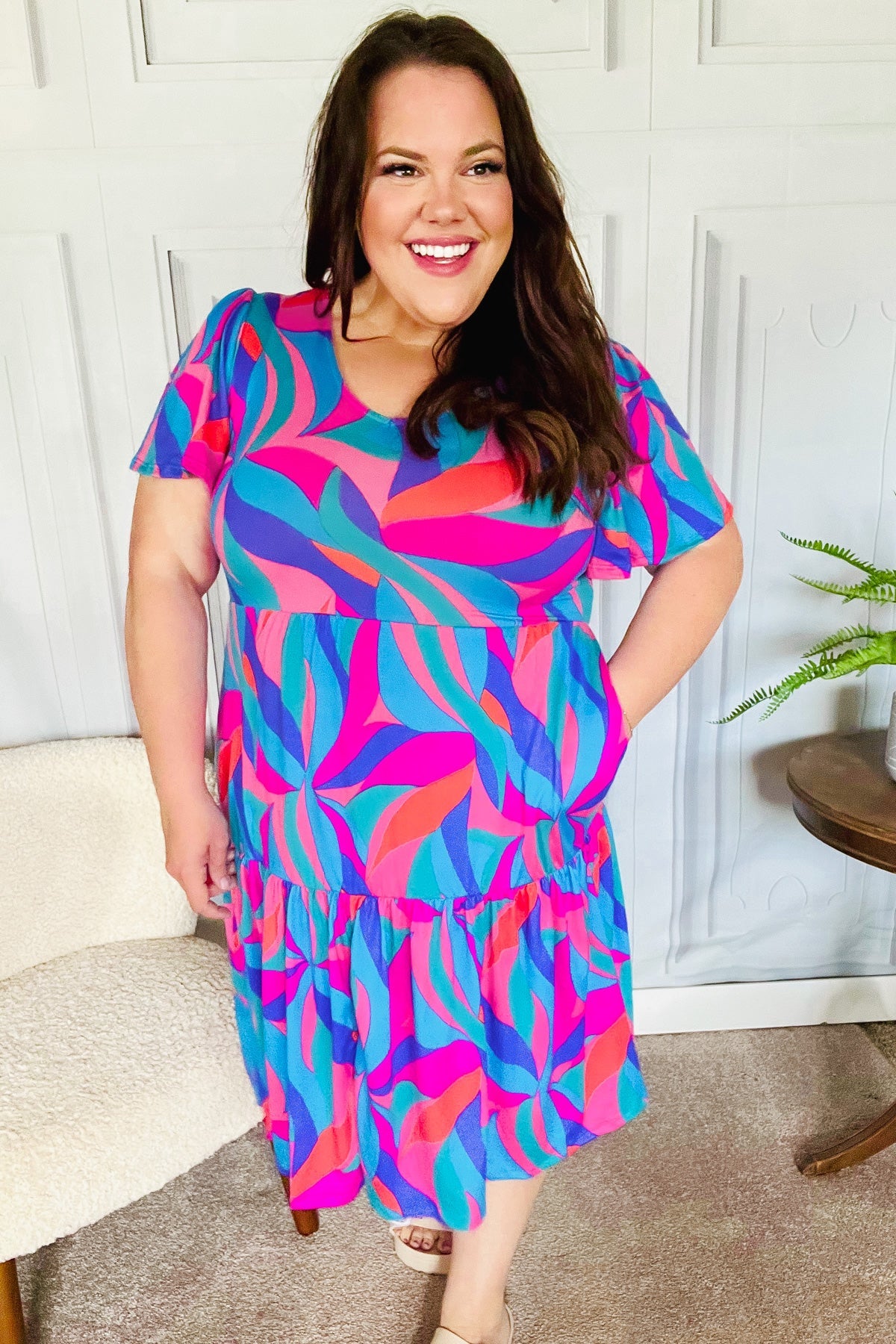 Remember Me Blue & Fuchsia Geo Print V Neck Dress