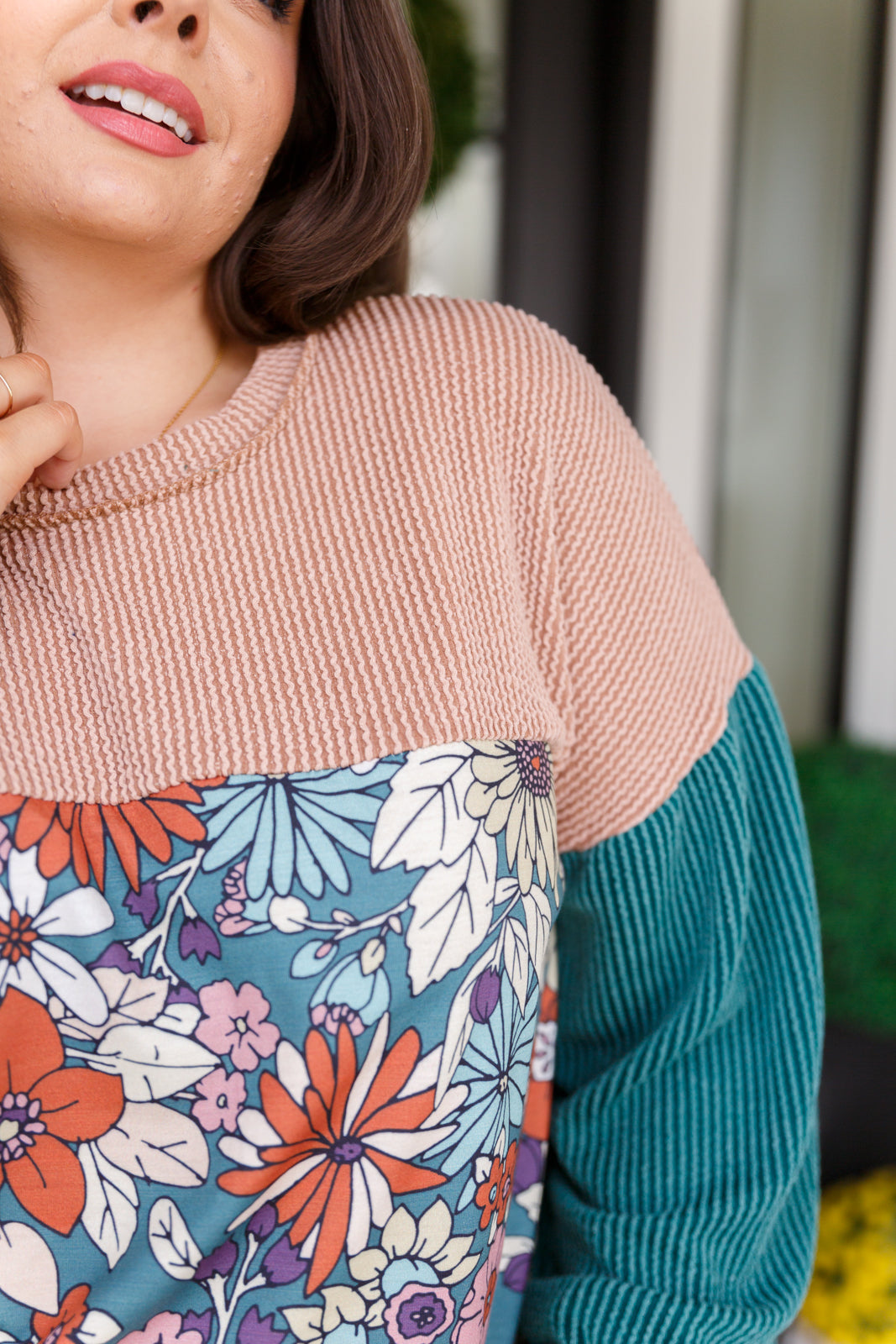 Retro and Ribbed Floral Color Block Top