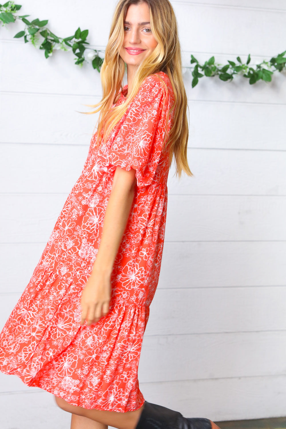 Coral Floral Button Down Midi Dress